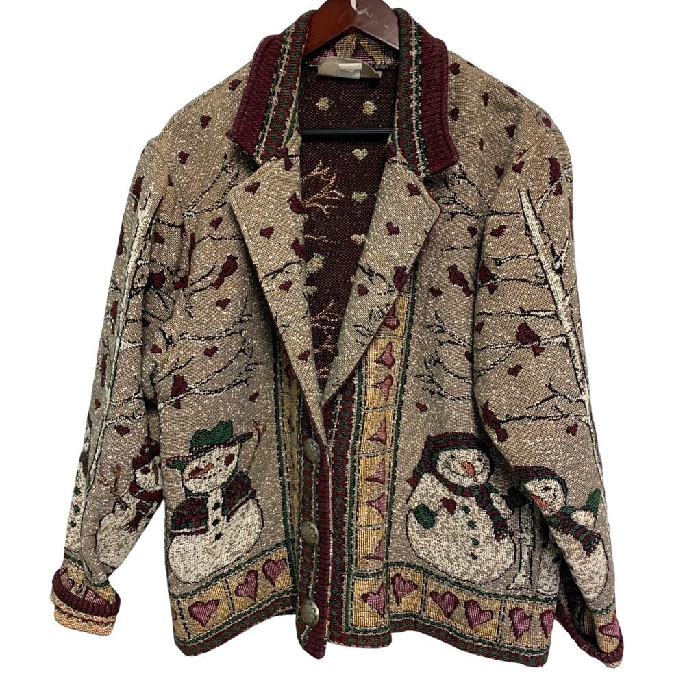 Painted Pony Vintage Women's Snowman Cardinal Snow Scene Cotton Tapestry Coat OS